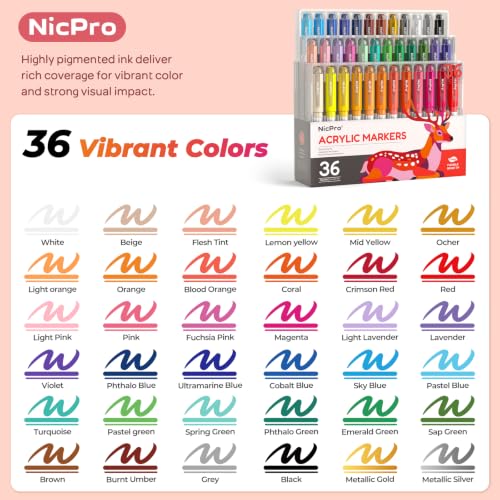 Nicpro Acrylic Paint Markers Set, 36 Colors Paint Markers Brush Tip | Smooth Flow, Water-Based Markers No-Bleed, Waterproof Paint Pens for Wood, Glass, Metal, Arts & Crafts Gift- School Supplies - size: 1 Count (Pack of 36)