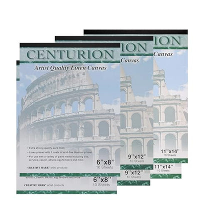 Centurion Acrylic Primed White Linen Canvas Sheet Pad, Pack of 6 Assorted Sizes - 2 Pads Each 6x8", 11x14", 9x12", 11oz Weight, Tape-Bound for Acrylics, Alkyds, Water-Mixable Oils, 60 Total Sheets - size: Assorted Sizes