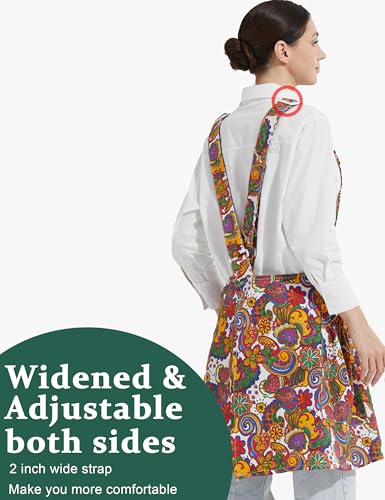 Cozy Adjustable Cross Back Aprons for Women with Pockets Cotton Linen Cooking Kitchen Baking - color: Flaming Flowers