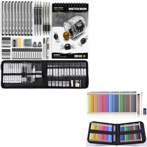 Four Candies 52pcs Art Supplies Sketching & Drawing Kit with 12 Micron Fineliner Pens, 6 Drafting Mechanical Pencils,3-Color Sketchbook,27 Lead Refills,School Supplies Gifts+Mechanical Colored Pencils