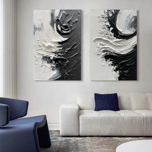 NANKAI Art Hand-painted thick textured white and black minimalist oil painting home wall art Deco 36x24 inches - color: NKHB153