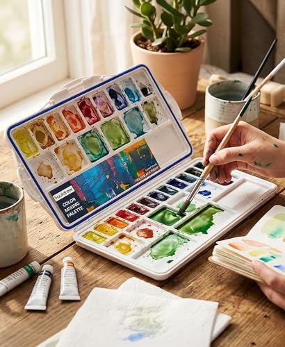 Liquidraw Plastic Paint Palette - 42 Well | Air Tight Seal | Large Folding Mixing & Painting Palette | Suitable for Acrylic, Oil, Watercolor & Gouache | for Professional Artists, Students & Kids