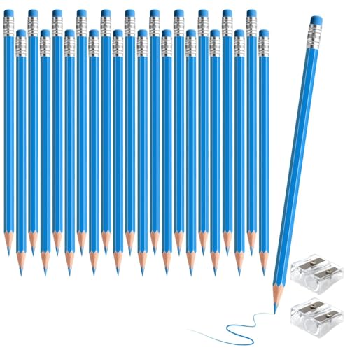 24PCS Erasable Colored Pencils with Eraser Pre Sharpened Pencil 2 HB - Ideal for Checking, Grading, Tests & Office/School Supplies (lightblue) - color: lightblue