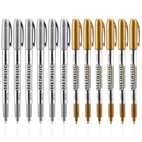 Metallic Marker Pens, 12 Pack Permanent Ink Markers (6 Gold & 6 Silver) for Art, Crafts, and DIY Projects