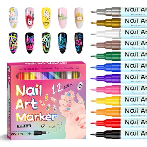 12 Colors Fine Tip Nail Art Pens, 0.6mm Nail Marker Pens for 3D Nail Drawing, Dotting, Graffiti & Painting — Quick Dry Nail Art Liner Pens for Home & Salon - color: Multicolor G
