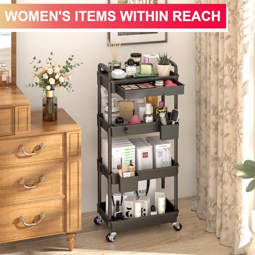 Goovilla 4 Tier Rolling Utility Cart Organizer with Removable Drawer, Black | Stable and Sturdy Rolling Storage Carts with 2 Lockable Wheels for Bathroom, Kitchen, Snack, Craft, Makeup, Baby Essentials - size: 4 Tier, style: Black
