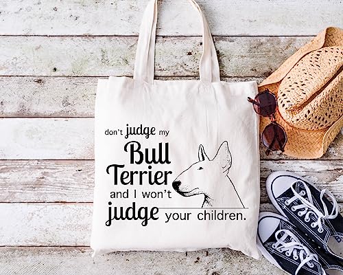 Pet Studio Art Don't Judge My Dog Tote Bag - color: Bull Terrier