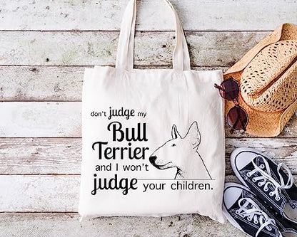 Pet Studio Art Don't Judge My Dog Tote Bag - color: Bull Terrier