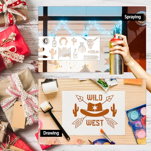 AFRITEE Western Cowboy Stencils for Painting - 20 Pieces Small Landscape Longhorn Skull Reusable Stencils for Painting on Wood, Country Music Beer Drawing Template DIY Home Wood Fence Rock Decoration - style: Western Cowboy