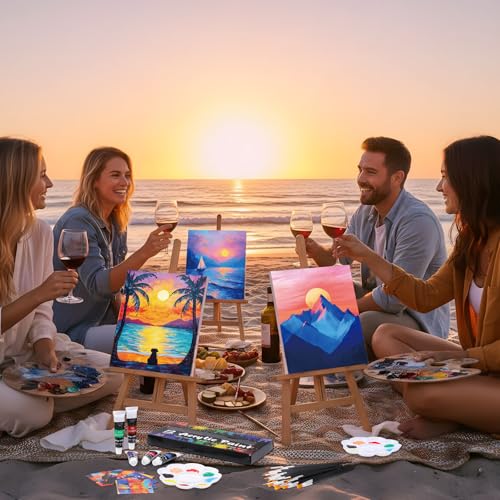 Cholemy 36 Pcs Paint and Sip Kit for Adults 8''x10'' Pre Drawn Canvas for Painting DIY Afro Acrylic Painting Kit Wood Easel Brushes Date Night Bulk for Mother's Day Party Gifts - style: Sunset Glow
