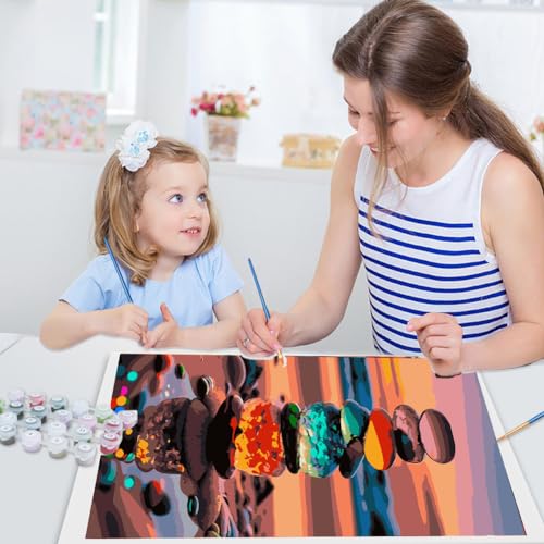 JUJUHOOD Sunset Beach Stone Paint by Numbers Beginner,Beach Scenery Paint by Number Kit for Adults, Adult Paint by Number Canvas with Paintbrushes and Acrylic Pigment16x20 inch,Sunset Beach Stone - color: Sunset Beach Stone