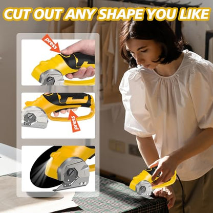 Cordless Electric Scissors, 4V Rechargeable Box Cutter & Cardboard Cutter with LED Light, Safety Lock - Rotary Cutter for Fabric, Leather, Carpet, Plastic, Crafting, Sewing with Storage Box(Yellow)
