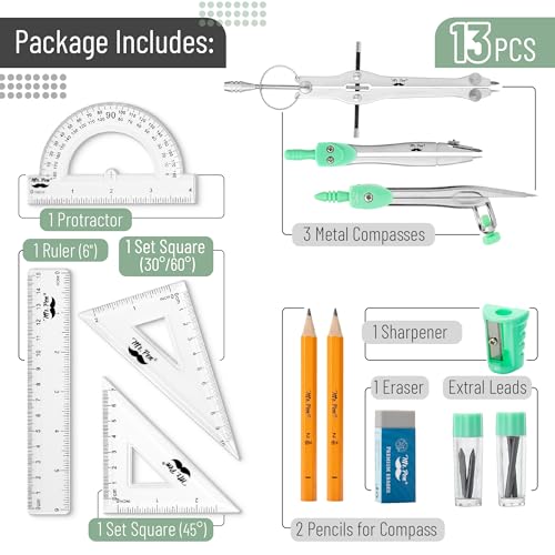 Mr. Pen- Geometry Set, 13 pcs, 3 Metal Compasses, Protractor, 6" Ruler | 45° & 30°/60° Set Squares, Pencils, Lead Refills, Sharpener & Eraser for Math, Drafting & Classroom Use | 45° & 30°/60° Set Squares, Pencils, Lead Refills, Sharpener & Eraser for Mat