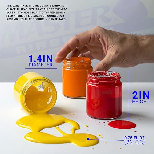 Master Airbrush (Pack of 10) TB-003 Empty 3/4 Ounce (22cc) Glass Jar Bottles with 60° Down Angle Adaptor Lid Assembly - Fits Single-Action Siphon Feed Airbrushes, Use with Master Badger Paasche, Iwata - size: 0.75oz - Glass - 60°