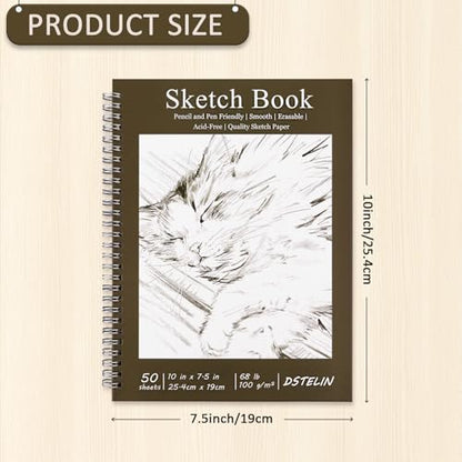 DSTELIN 2 Pack 50 Sheets Spiral Bound Art Sketchbook, 10 x 7.5 Inch 100GSM Acid-Free Drawing Paper, Sketch Books with Cardboard Backing for Artists and Students