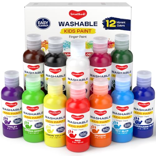 Smallbudi 12 Colors Washable Finger Paint Set for Kids 2 oz/60 ml | Non Toxic & Baby Safe Paint Mess-Free Kids Art Supplies for Craft, Art, DIY Finger Painting for Toddlers 1-3 Preschool Gifts