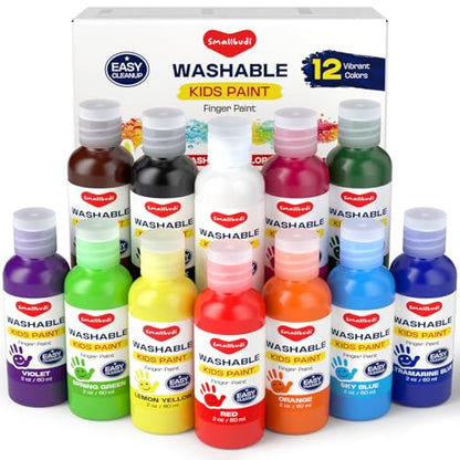 Smallbudi 12 Colors Washable Finger Paint Set for Kids 2 oz/60 ml | Non Toxic & Baby Safe Paint Mess-Free Kids Art Supplies for Craft, Art, DIY Finger Painting for Toddlers 1-3 Preschool Gifts