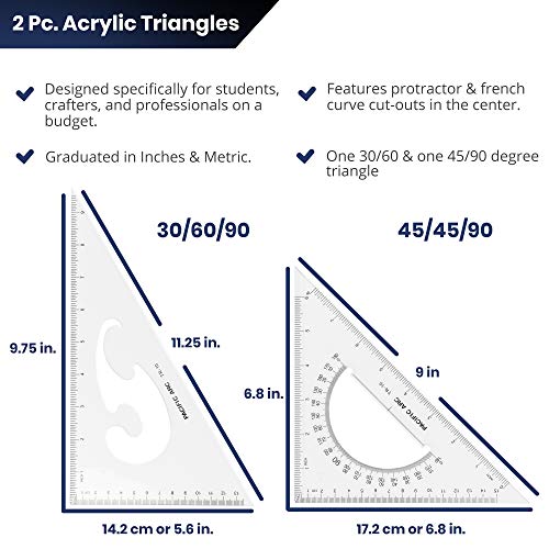 Pacific Arc - Triangle Set 10 Inch 30/60 & 45/90 - Student, Professional or DIY use. - 2 Pack - size: 10 Inches, style: 2 Pack