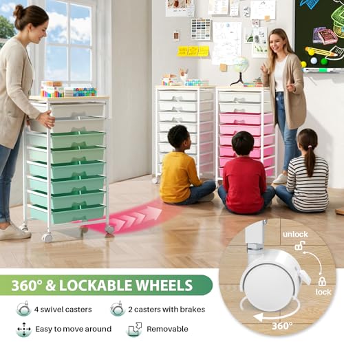 Goovilla Rolling Cart with 8 Drawers for Art, Dorm, Office, Craft, Green | Utility Cart Organizer With 8 Removable Drawers and Wooden Tabletop, Lockable Rolling Storage Organizer for Classroom, Home - size: Green