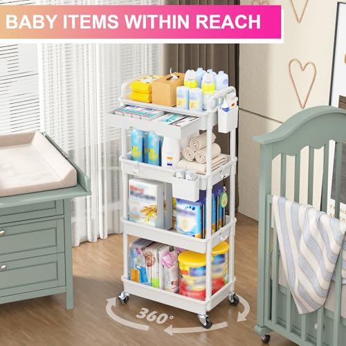Goovilla 4 Tier Rolling Utility Cart Organizer with Removable Drawer, White | Stable and Sturdy Rolling Storage Carts with 2 Lockable Wheels for Bathroom, Kitchen, Snack, Craft, Makeup, Baby Essentials - size: 4 Tier, style: White