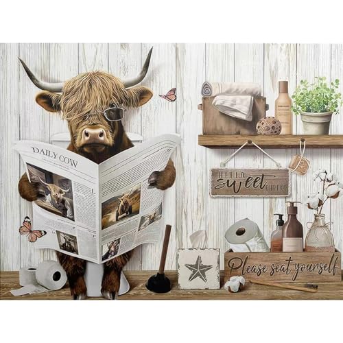Highland Cow Diamond Art Kits for Adults Diamond Painting Kit for Beginner | Bathroom Animal 5D DIY Funny Diamond Dots Full Drill Crafts for Gem Art Dot Art for Adults Home Wall Decor for Teens 12x16 in - color: DP03497