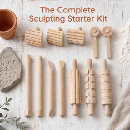 SEWACC 12pcs Wooden Clay Sculpting Tools Pottery Dough Rolling Modeling Tool Kit Plasticine Shaping Set for Kids DIY Craft Activities