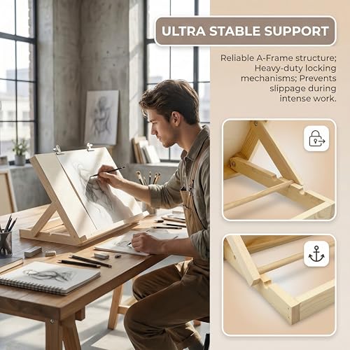 Tabletop Easel, Adjustable & Portable Desktop Art Stand, 13”x9” Solid Pine Wood Drawing Board for Painting, Drawing Canvas & Sketchbooks, Perfect for Adults & Artists