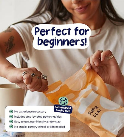 Pott'd Pottery Kit, Air Dry Clay Kit for Adults & Beginners | At Home Pottery Making Kit with Air Dry Clay, Tools, Paints, Brushes, Sealant and Step-by-Step Guide - style: Regular Paints