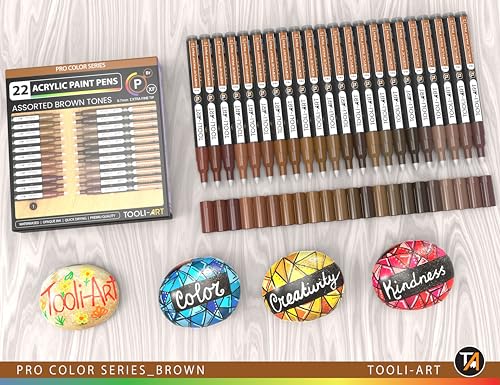Acrylic Paint Pens 22 Brown Tones Assorted Pro Color Series Markers Set 0.7mm Extra Fine Tip for Rock Painting, Glass, Mugs, Wood, Metal, Canvas, Projects, Non Toxic, Waterbased, Quick Drying - color: BROWN XF