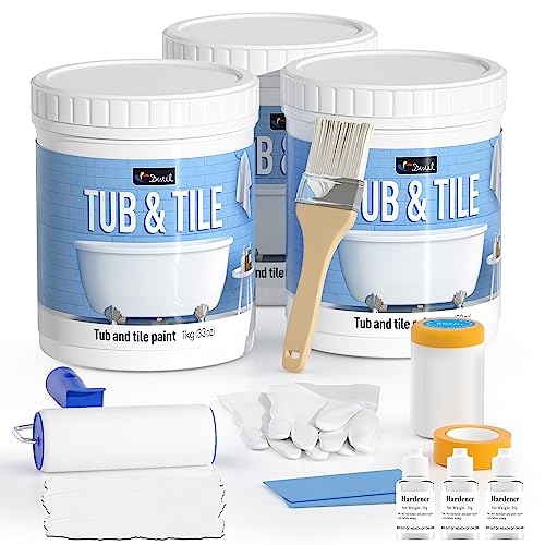 DWIL Tub Paint, Tub and Tile Refinishing Kit with Tools, Tile Refinishing Kit White Bathtub Paint Water Based &Low Odor, Easy to Use Sink for Bathroom Kitchen, Semi-Gloss White, 50-55sq.ft-3 Pack - color: White, size: 99 Fl Oz (Pack of 1)