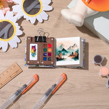 Qilery Mini Portable Watercolor Palette Set Wooden Grid Paint Box Watercolor Paper Sketch Book Brush Pens with Binder Clip for Painters Artist Not Include Paint(Blueberry) - style: Blueberry