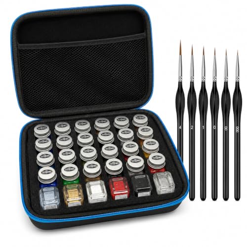 Pixiss Model Paint Storage Case for Testors Paints (Holds 30 Bottles) with 6 Fine Detail Miniatures Paint Brushes, Watercolor (Paint Not Included) - size: 30 Slots