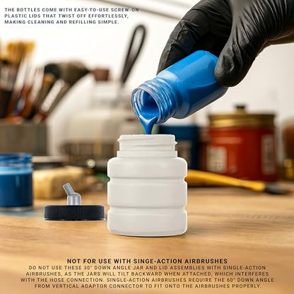 Master Airbrush (Pack of 10) TB-006 Empty 2.7-Ounce (80cc) Plastic Jar Bottles with 30° Down Angle Adaptor Lid Assembly - Fits Dual-Action Siphon Feed Airbrushes, Use with Master, Badger Paasche Iwata - size: 2.7oz - Plastic - 30°