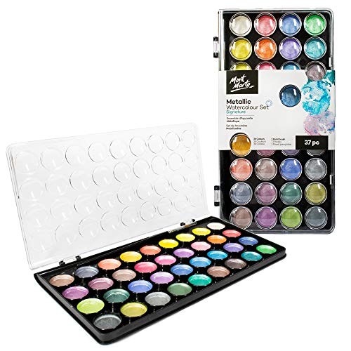 Mont Marte Signature Metallic Watercolor Set, 37 Piece Pearl Paint, 36 Vibrant Colors, 1 Paint Brush - color: Metallic, size: 1 Count (Pack of 1)
