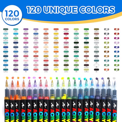 120 Colors Acrylic Paint Markers Set, 100 Paint Markers Opaque + 20 Metallic Acrylic Paint Pens, Direct Liquid System for Rock, Ceramic, Glass, Fabric, Wood, Canvas, Stone, Metal - Art Supplies Gift