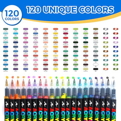 120 Colors Acrylic Paint Markers Set, 100 Paint Markers Opaque + 20 Metallic Acrylic Paint Pens, Direct Liquid System for Rock, Ceramic, Glass, Fabric, Wood, Canvas, Stone, Metal - Art Supplies Gift