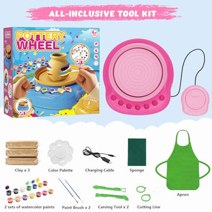 Pottery Wheel for Kids with Air Dry Clay Kit, 12 Paints & Tools, Ages 6-12 | No kiln needed: shape on the electric wheel, air-dry & paint. Gentle beginner speed; kit adds 3 clay packs, tools & apron - color: rose