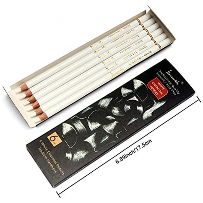 Brusarth White Charcoal Pencils Drawing Set, Professional 6-Piece Sketch, Highlight, Shading, Blending Set for Beginners & Artists - color: White