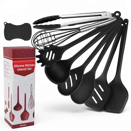 Kitchen Utensils Set,9 PCS Silicone Cooking Utensils Set Spatula Set,Non Toxic Cooking Utensils,Tongs,Spoon,Whisk,Brush,BPA Free Kitchen Gadgets for Non-Stick Cookware,Home Essential(Black-9P) - color: Black