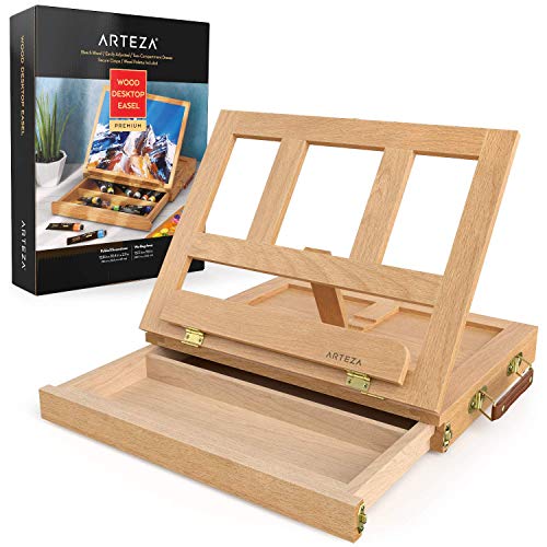 ARTEZA Tabletop Easel, 13.38 x 10.25 x 2 Inches, Portable Beechwood Easel Box with 2-Compartment Drawer and Wooden Palette, Art Supplies Storage for Professional Artists and Hobby Painters
