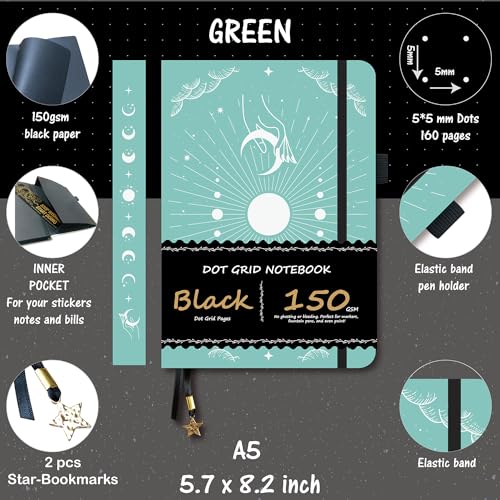 BUKE Dotted Journal - 150gsm Black Paper - 5 * 5mm DOT GRID Layout 160 Pages - A5 Size PU Leather Hardcover Drawing Sketch Notebook (Green) - color: Green