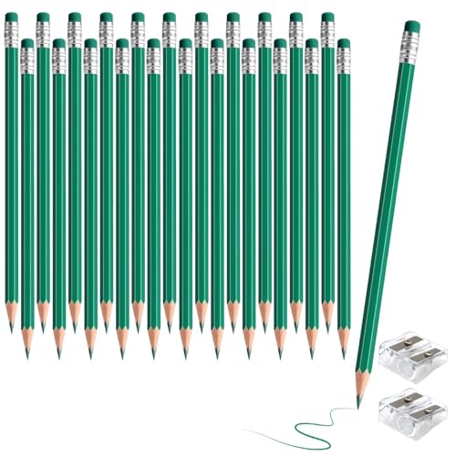 24PCS Erasable Colored Pencils with Eraser Pre Sharpened Pencil 2 HB - Ideal for Checking, Grading, Tests & Office/School Supplies (Green) - color: green