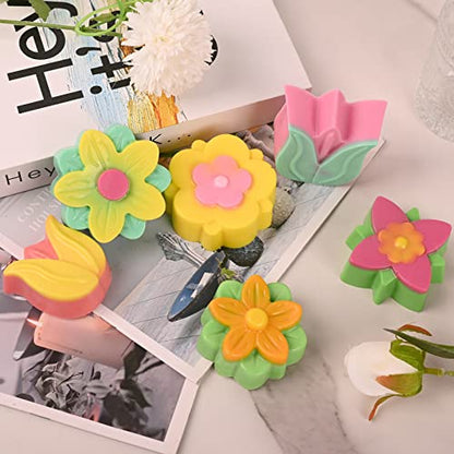 Sakolla 6-Cavity Flower Soap Molds Silicone, 2 Pack Tulip Different Flower Shapes Silicone Molds for Soap, Lotion Bar, Bath Bombs, Chocolate, Candy Baking Molds Jelly, Ice Cube Tray - color: Tulip Flower/Pink & Blue