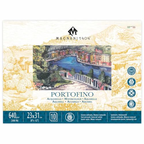 Magnani 1404 Portofino Hot Press 100% Cotton Watercolor Paper Block, 10 Sheets, 9x12, 300 lb, Acid-Free, UV Resistant, Vegan Sized Water Color Paper for Artists, Made in Italy - size: 9x12" Block
