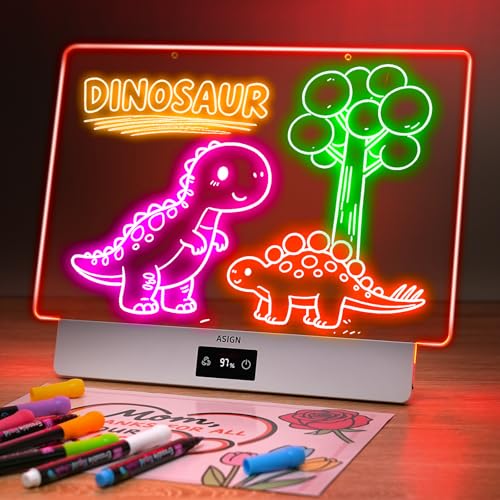Rechargeable LED Drawing Board, 16.6 Inches Lumiboard, 8 Colors & 3 Modes, LED Note Board with Build in Stand, Includes 7 Markers & 1 Hanging Chain, Great Gift for Children-Easter Gifts