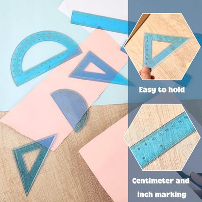 Zonon 7‑Piece Geometry Set with Drawing Compass, 6 & 4 Inch Protractors, Triangle Rulers and Straight Rulers, Transparent Math Drafting Supplies for Back to School, Students and Office Use(Blue) - color: Blue