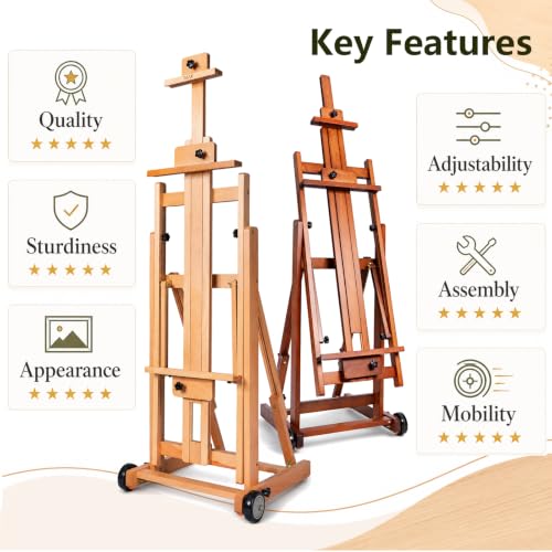 DJAR Large H-Frame Painting Easel for Adults, Solid Beech Wood, Natural | Movable & Tilting Flat Floor Stand, Holds Canvases up to 78", Adjustable Heavy Duty Studio Art Easel for Artists - style: Natural H-Frame Easel