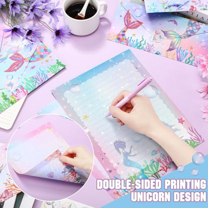 TaoBary 160 Pcs Stationery Paper Set 50 Double Sided Stationery Papers with 50 Matching Envelopes and 60 Round Dot Sticker, 10 Design(Mermaid,8.5 x 11 Inch) - size: 8.5 x 11 Inch, style: Mermaid