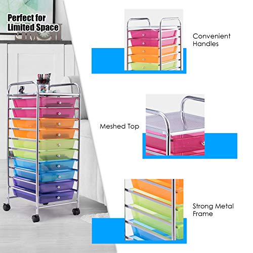 Happygrill 10-Drawer Storage Cart, Utility Cart with Removable Drawers & Metal Frame, Rolling Storage Cart with Lockable Wheels for Home, Office, Rainbow - color: Rainbow