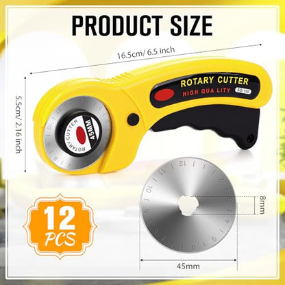 Lothee 12 Set 45mm Rotary Cutter for Fabric, Ergonomic Handle Rolling Cutter with Safety Lock for Fabric, Sewing, Quilting, Cloth, Paper, Leather, Arts Crafts Dressmaking (Yellow) - color: Yellow